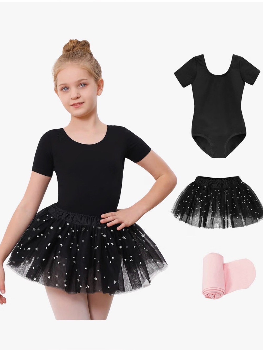 Stelle Girls Black Ballet Leotard Dance Outfit with Skirt and Footed Tights 9-10